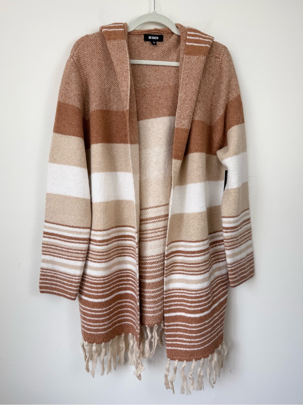BB Dakota Striped Hooded Fringe Long Cardigan - Cream & Brown XL
